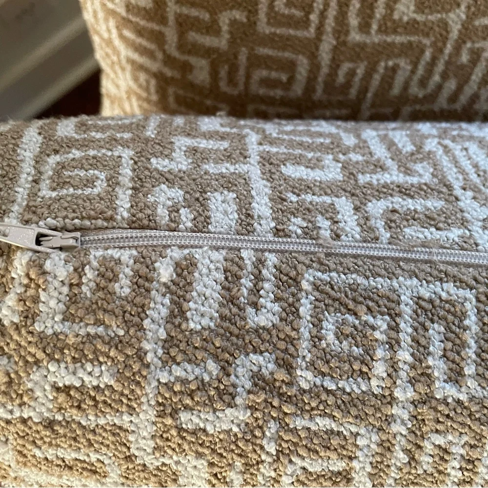 Set 2: HOEM England Down Lumbar Accent Pillows Greek Key Tan/Ivory Zippered NWT